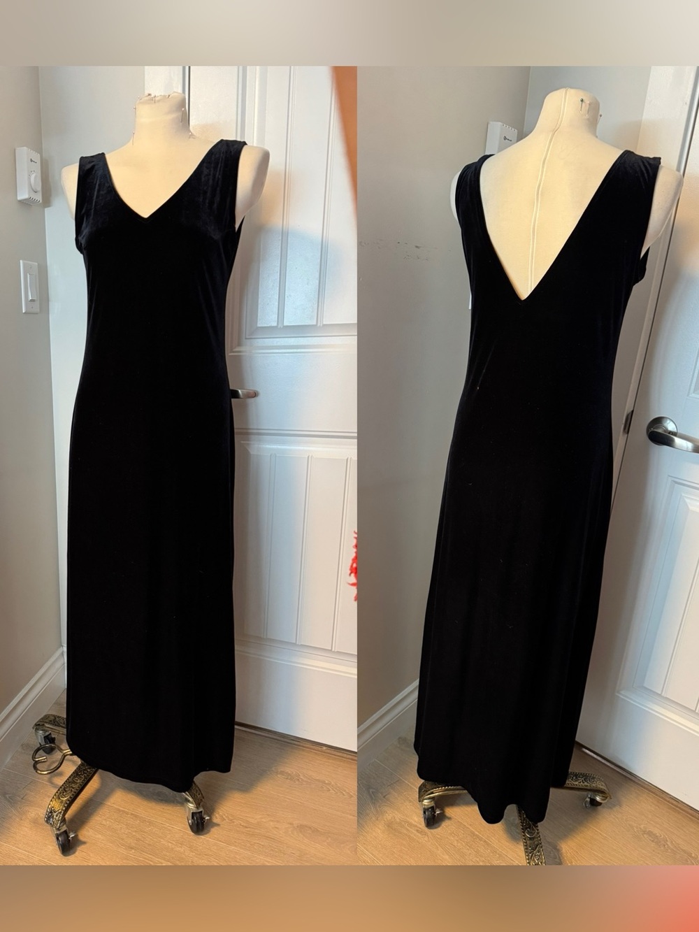 Vintage Classic Black Velvet V-Neck Evening Dress M